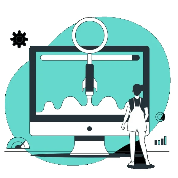 Minh hoạ tên lửa tìm kiếm SEO qua kính lúp trên máy tính