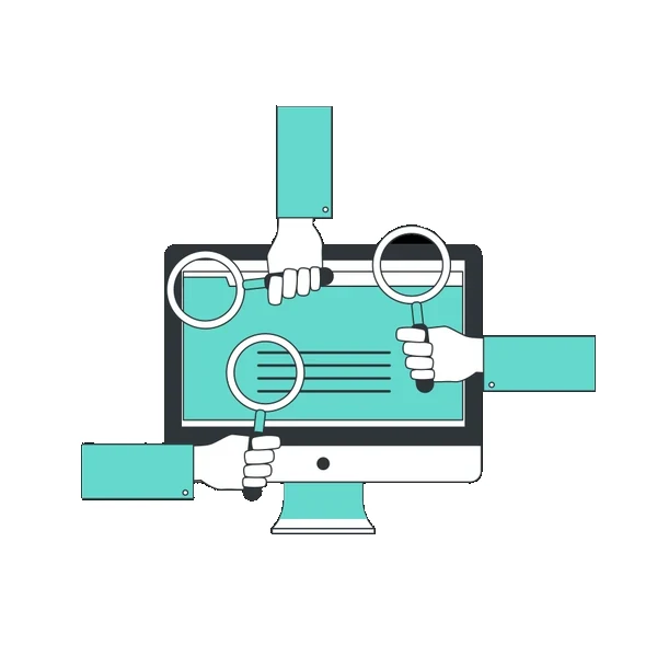 Minh hoạ nhiều kính lúp kiểm tra nội dung website trên màn hình