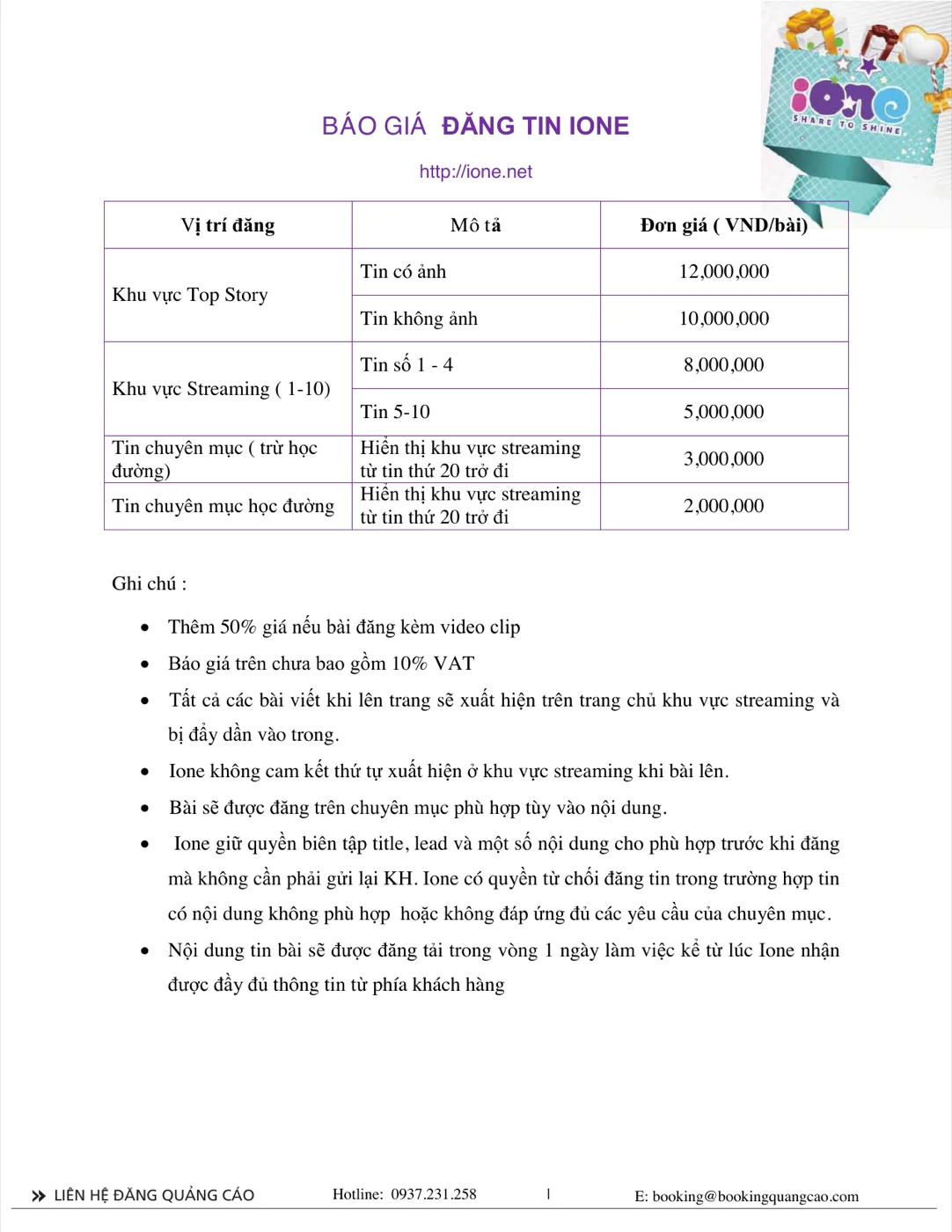 Báo giá đăng tin iOne bản gốc, cập nhật 20/06/2025