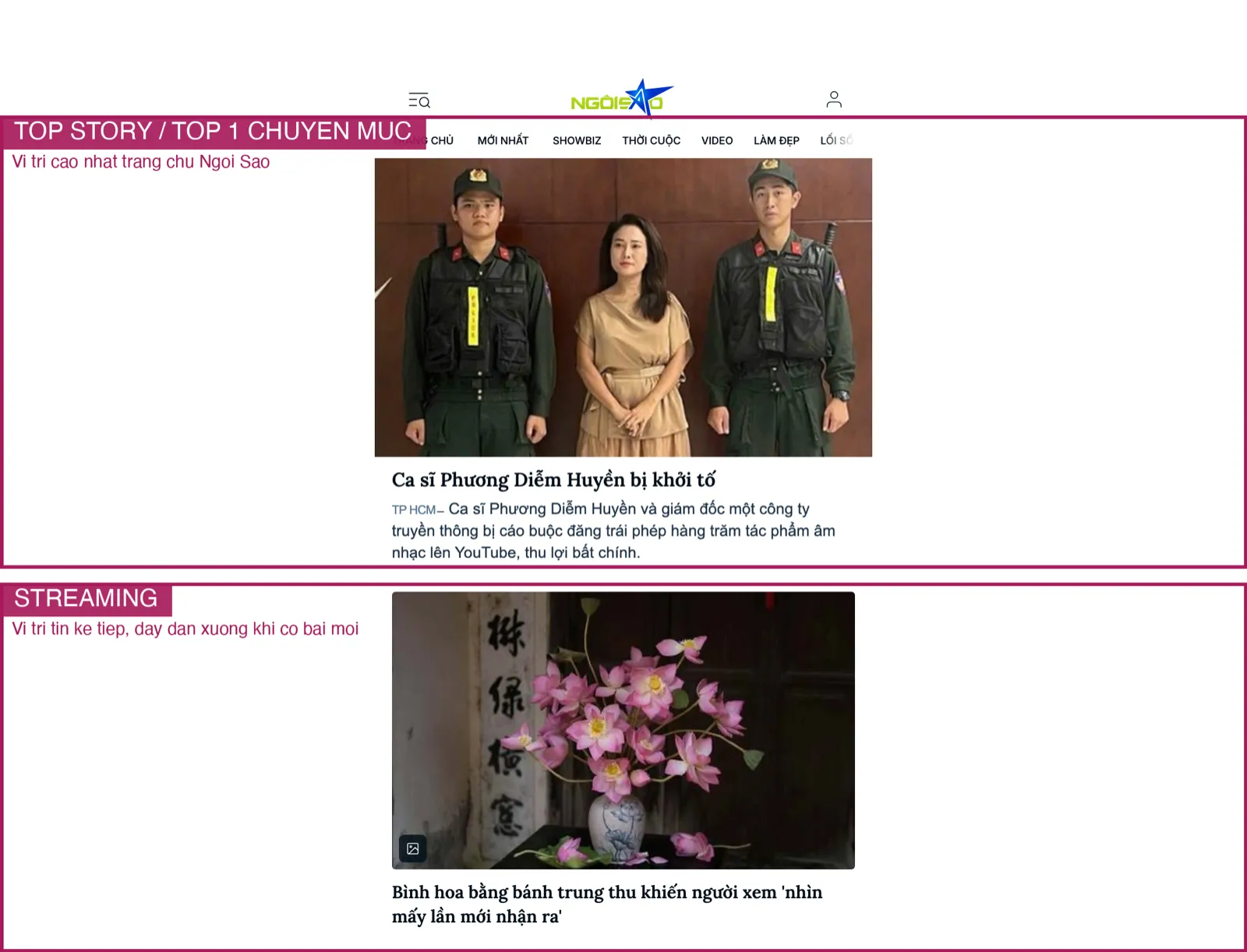 Minh hoạ vị trí Top Story và Streaming trên Ngôi Sao